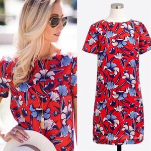 J. Crew Women's Floral Print Shift Dress Size 2 Knee Length Red White Blue